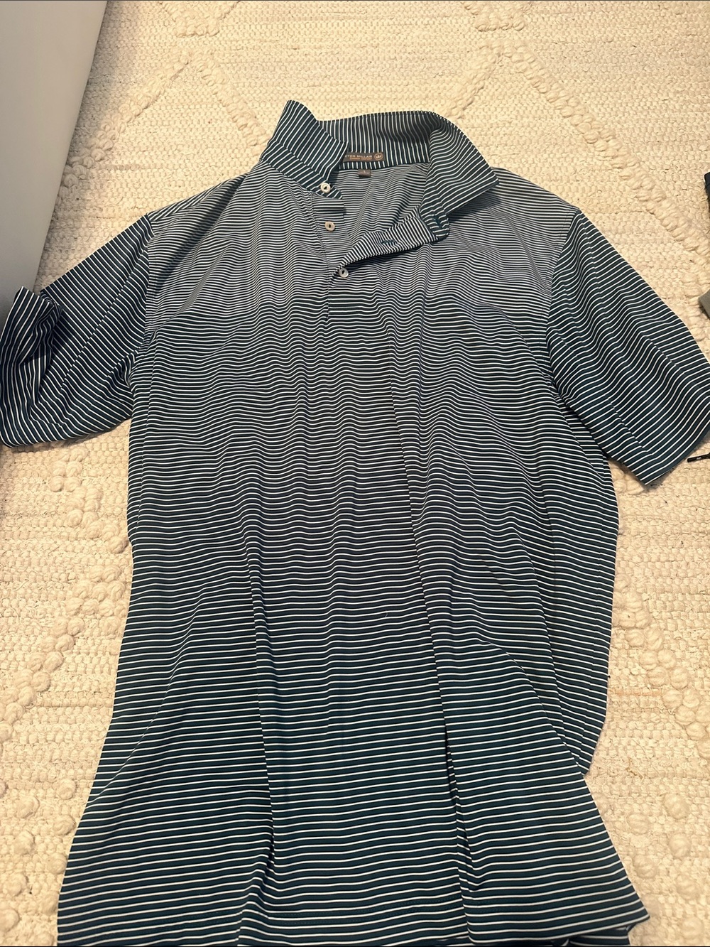 Peter Millar Navy and White Striped Short Sleeve Polo